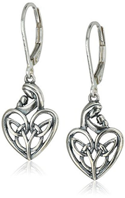 Sterling Silver Oxidized Celtic Mother and Child Knot Heart Leverback Dangle Earrings