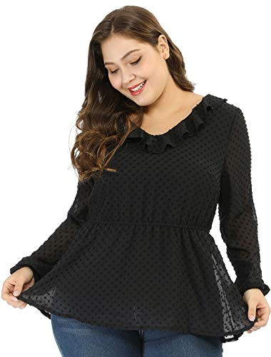 Agnes Orinda Womens Plus Size Peplum Tops Dots V Neck Ruffle Top 4X Black