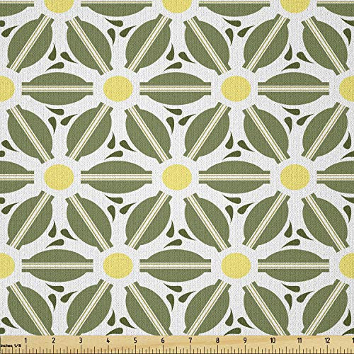 Ambesonne Flower Fabric by The Yard Blossoming Petals Pattern Ornamental Arrangement of Geometric Shapes Microfiber Fabric for Arts and Crafts Textiles  and  Decor 1 Yard Olive Green Yellow White