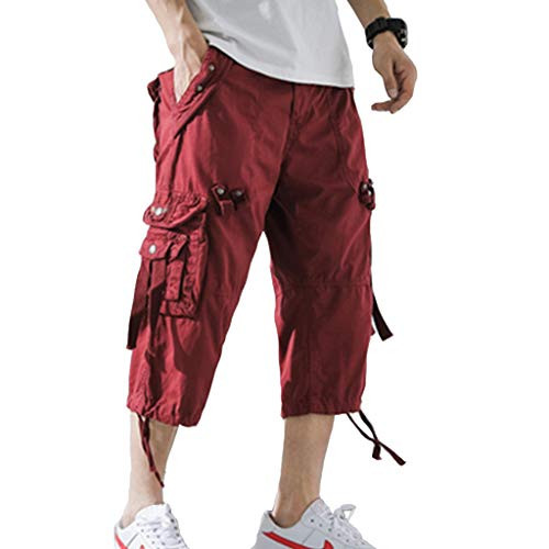 AOYOG Mens Cargo Shorts 3 4 Relaxed Fit Below Knee Capri Cargo Pants Cotton Wine Red AOYOG Mens Cargo Shorts 3 4 Relaxed Fit Below Knee Capri Cargo Pants Cotton Wine Red