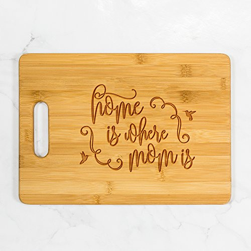 Home Is Where Mom Is Engraved Bamboo Wood Cutting Board with Handle - 13.75 inch  x 9.75 inch  - Mothers Day Gift