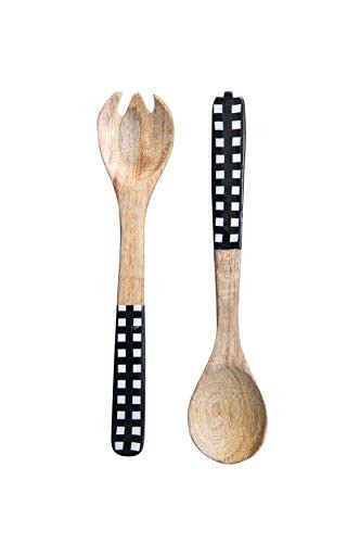 Creative Co-Op Mango Wood Salad Servers with Black  and  White Gingham Handles