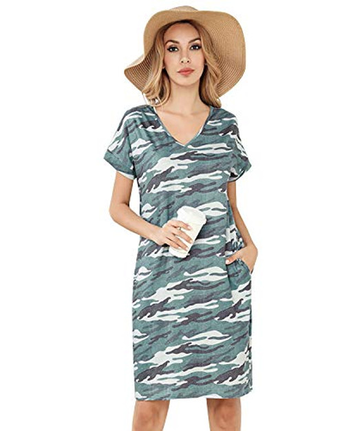 SOLERSUN Jersey Swing Dress Womens Summer Casual Short Sleeve Floral Printed V Neck T-Shirt Dressed with Pockets Camouflage S SOLERSUN Jersey Swing Dress Womens Summer Casual Short Sleeve Floral Printed V Neck T-Shirt Dressed with Pockets Camouflage S