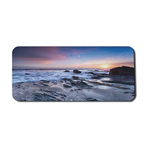 Lunarable English Countryside Computer Mouse Pad Sunset at Finnygook Beach with Foaming Waves and Rocks in Sand Rectangle Non-Slip Rubber Mousepad X-Large 35 inch  x 15 inch  Gaming Size Multicolor