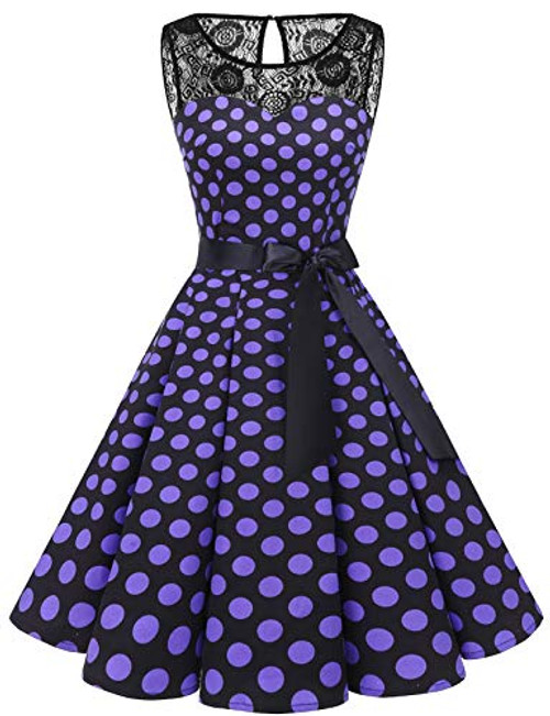 Bbonlinedress Womens 1950s Vintage Rockabilly Swing Dress Lace Cocktail Prom Party Dress Black Purple BDot M