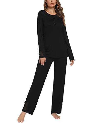Ekouaer Womens Pajama Long Sleeve Sleepwear Two Piece Pajamas Set Soft Pj Lounge Sets Large Black