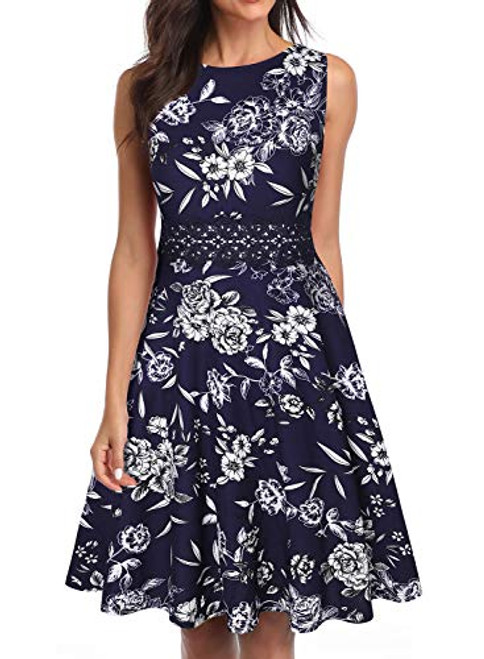 OWIN Womens Vintage Floral Lace Flared A-Line Swing Casual Party Cocktail Dresses Sleeveless