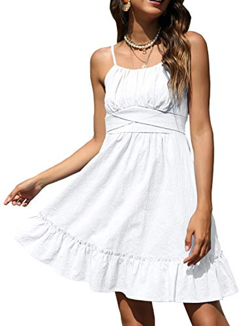 ROYLAMP Womens Summer Spaghetti Strap Dress Casual Wrap Sleeveless Backless Ruffle Hem Swing Mini Dress with Pockets White M