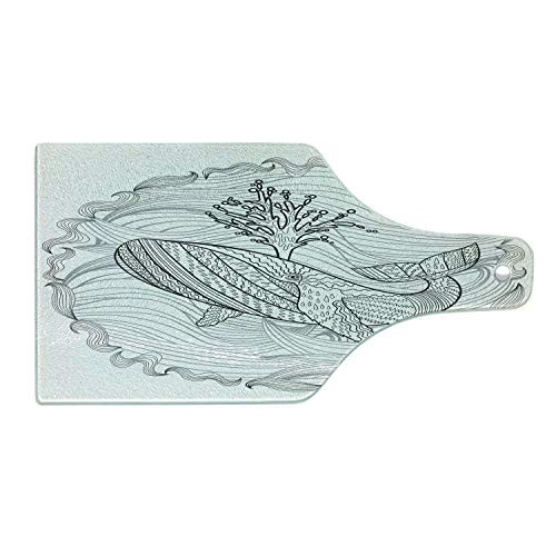 Lunarable Modern Cutting Board Razorback Whale Swimming in Doodle Ocean Waves Sea Underwater Illustration Decorative Tempered Glass Cutting and Serving Board Wine Bottle Shape Grey White