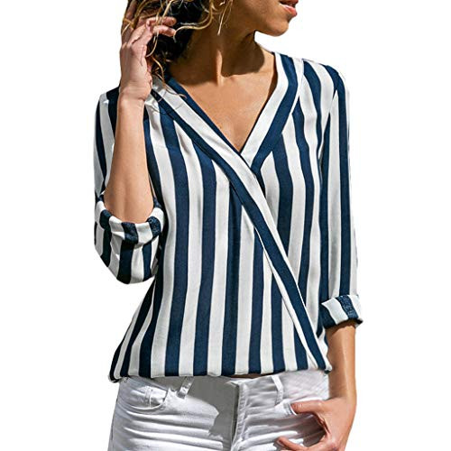 Womens V Neck Blouses Stripeds Work Office T-Shirt Casual Long Sleeve Chiffon Shirt Tops Blue