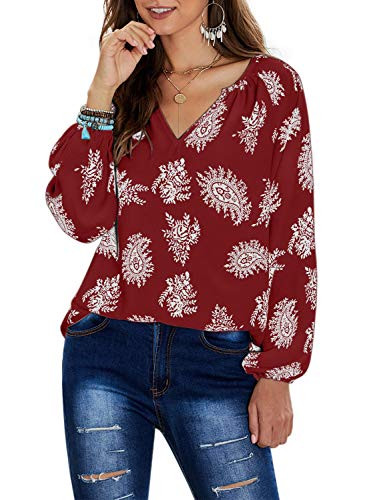 Wolddress Womens Loose 3 4 Sleeve Shirt Top Casual Printed V Neck Blouses Dark Red S