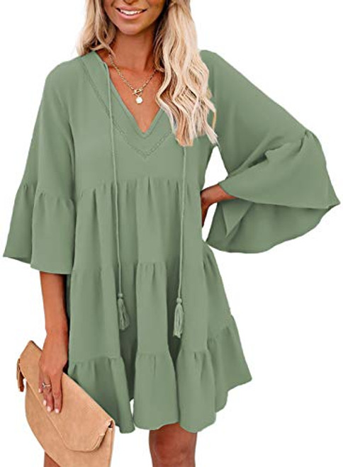 ZKESS Womens Tunic Dress Lantern Sleeve V Neck Casual Loose Flowy Swing Shift Dresses Green XL 16 18 ZKESS Womens Tunic Dress Lantern Sleeve V Neck Casual Loose Flowy Swing Shift Dresses Green XL 16 18