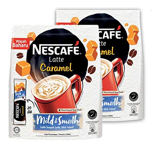 2 Packs Nescafe 3 in 1 CARAMEL Coffee Latte - Instant Coffee Packets - Single Serve Flavored Coffee Mix  20 Sticks