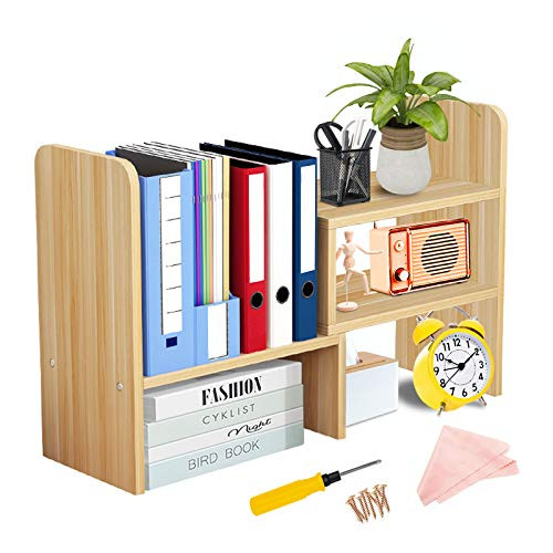 Desktop Bookshelf Adjustable Desktop Display Shelf Desk Storage Rack Wood Desk Organizer Multipurpose Bookshelf Large Office Countertop Bookcase Shelves for Office Home Decor Kitchen Natural