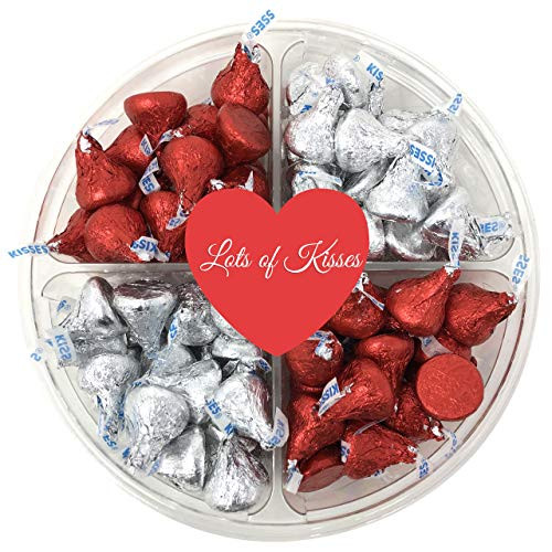 Hersheys Kisses Valentines Day Chocolate Candy Gift Basket 4 Sectional Chocolate Tray Including Mix of Red And Silver Wrapped Milk Kisses In Heart Adorned Gift Tray