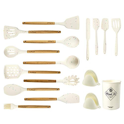 LeMuna 16pcs Silicone Cooking Utensil Set Non-stick Heat Resistant Kitchen Utensils Set with Holder BPA Free Non Toxic Cooking Tools with Wooden Handles