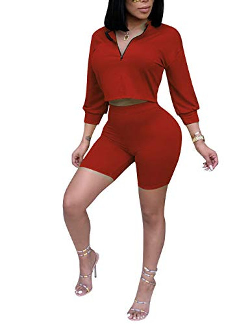 Womens 2 Piece Tracksuit Workout Outfits Short Sleeve Crop Top and Biker Shorts Set Red M