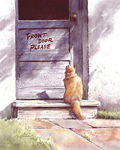 Cat on Front Door Please Sign Print of Watercolor Painting - Cat Door Sign Gift for Cat Lovers
