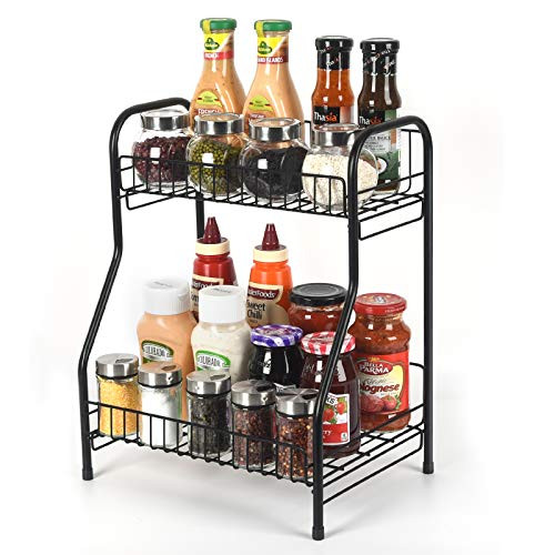 Spice Rack Organizer Storage Shelf 2-Tier Bathroom Shelf Organizer Countertop Kitchen Rack Organizer for Spice Can Sauce Jars Bottle  Black