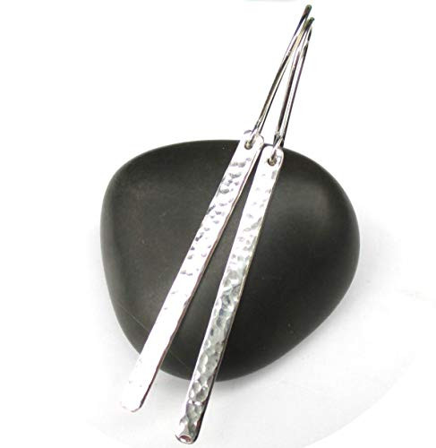 Long Hammered Bar Earrings in Sterling Silver Designer Handmade