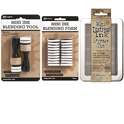 Ranger Mini Ink 1 Inch Blending Tool Ranger 1-inch Ink Round Ibt40965 Blending Replacement Foams Mini 20-pack and Mini Distress Ink Storage Tin  Bundle of 3