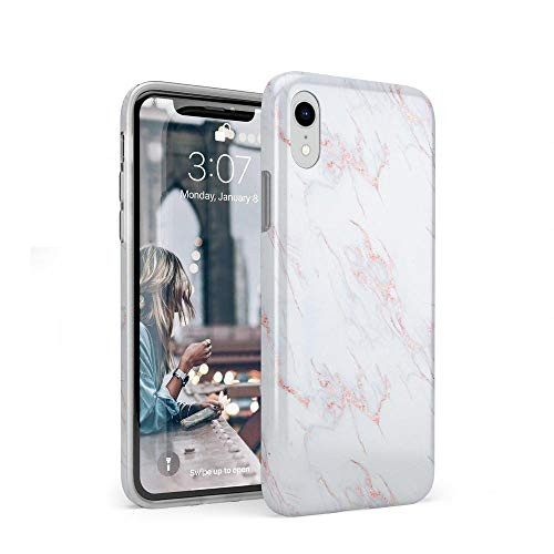 Casely iPhone XR Phone Case - Beautiful White and Pink Marble Case - 360 Degree Coverage for Your Phone - Precise Cutouts 1mm Raised Lip Camera Protection - Classic