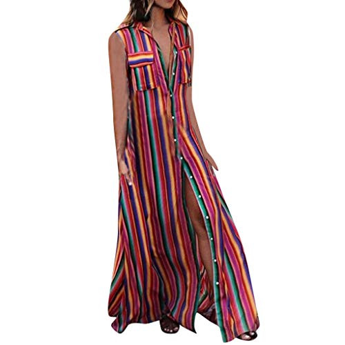 F_Gotal Casual Maxi Dress for WomenRainbow Button Down Roll up Sleeve Long DressStripes Loose Maxi Pockets Dresses
