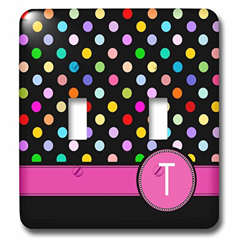 3dRose lsp_154317_2 Letter T Monogrammed on Rainbow Polka Dots Pattern with Hot Pink Personal Initial Girly Multicolor Light Switch Cover