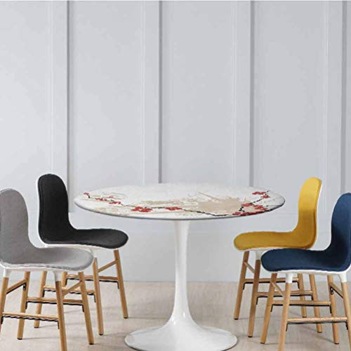 ThinkingPower Table Cover Illustration of Sakura Flowers on Grunge Background with Soft Pastel Colors Elastic Table Cover No Fabric Draping Down for Puppy to Grab Beige White Red Diameter - 31 Inch