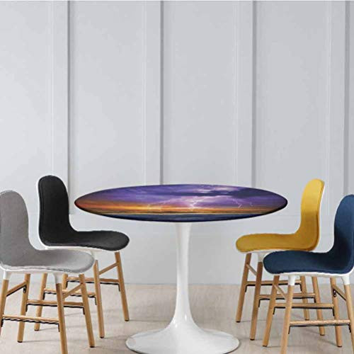 Round Elastic Table Cloth Epic Thunder and The Storm on The Wave Horizon Bad Weather Atmosphere Fitted Elastic Edged Table Cover No Fabric Draping Down for Puppy to Grab Purple Diameter - 31 Inch