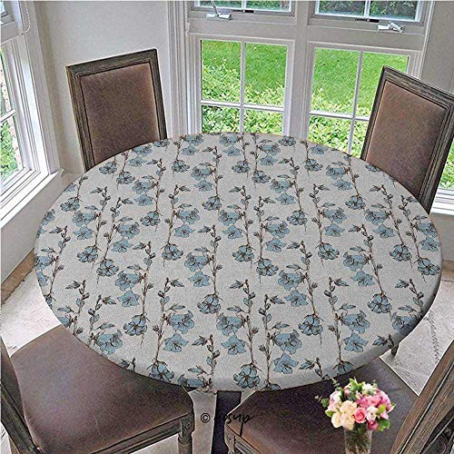 Elasticized Tablecloth Retro styled Botanical Arrangement with Bluebell Flowers Fitted Elastic No-Slip Tablecloths No Fabric Draping Down for Puppy to Grab Pale Dark Brown White Diameter - 31 Inch