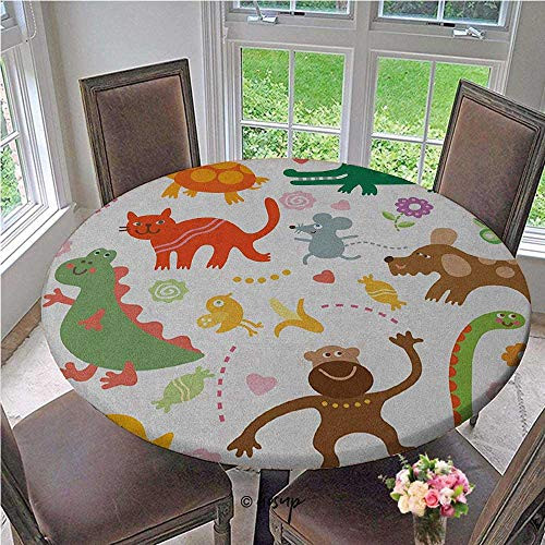 Elastic Tablecloth Jolly Cartoon Animals Colorful Flowers and Hearts for Cheerful Babies and Children Elastic Table Cover No Fabric Draping Down for Puppy to Grab Multicolor Diameter - 31 Inch