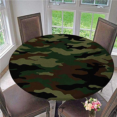 Round Elastic Table Cloth Fashionable Graphic Uniform Inspired Camouflage Clothing Design Fitted Round Elastic Edge Table Cover No Fabric Draping Down for Puppy to Grab Forest Diameter - 31 Inch