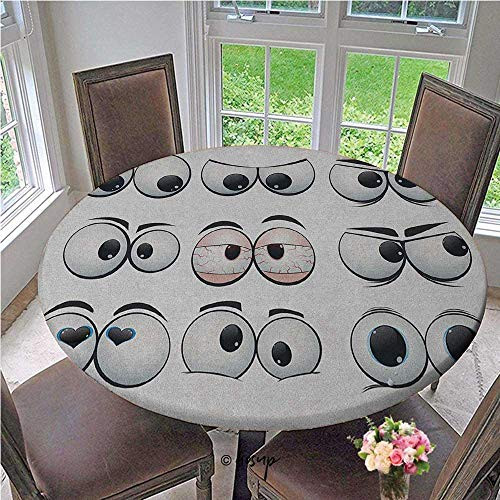 Elasticized Tablecloth Collection of Cartoon Expression Eyes Showing Different Emotions and Views Elastic Edged Fitted Table Cover No Fabric Draping Down for Puppy to Grab Pale Diameter - 31 Inch