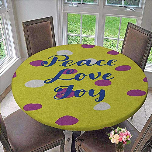 Fitted tablecloths Doted Pattern with Peace Love Joy Hand Drawn Calligraphy Modern Fitted Elastic Edged Table Cover No Fabric Draping Down for Puppy to Grab Violet Cobalt Blue Diameter - 31 Inch