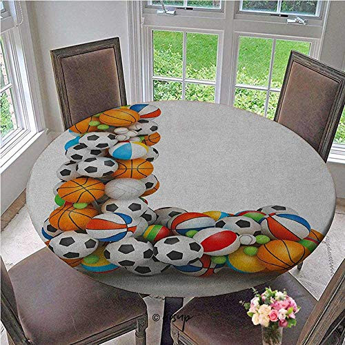 Elasticized Tablecloth Basketball Football Volleyball Tennis Athleticism Teamplay Motivation Theme Print Fitted Elastic Edged Table Cover No Fabric Draping Down for Puppy to Grab Diameter - 31 Inch