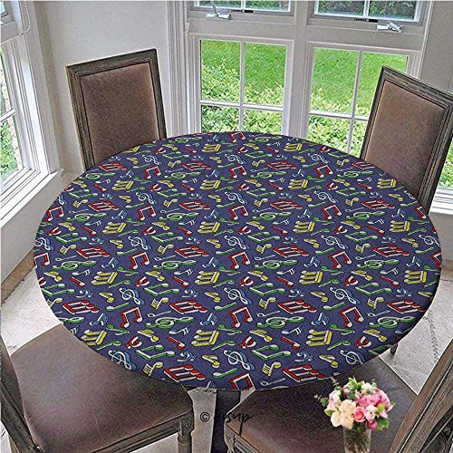 Elasticized Tablecloth Cartoon Style Colorful Pattern with Musical Notes Cheerful Teenage Fun Hobby Theme Elastic Table Cover No Fabric Draping Down for Puppy to Grab Multicolor Diameter - 31 Inch