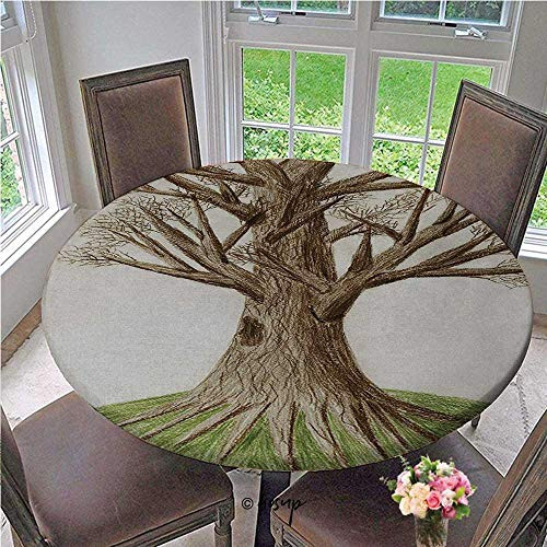Round Elastic Table Cloth Hand Drawn Pastoral Single Old Tree with Growing Branches on The Grass Print Indoor Outdoor Tablecloth No Fabric Draping Down for Puppy to Grab Brown Diameter - 31 Inch
