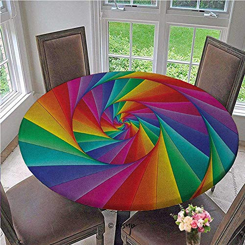 Round Table Cover Abstract Art Psychedelic Spiral in Vivid Rainbow Colors Triangular Fractals Close Up Fitted Elastic No-Slip Tablecloths No Fabric Draping Down for Puppy to Grab Diameter - 31 Inch