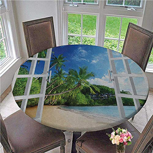 Elasticized Table Cover Lush Greenery Island Vegetation Rainforest from Apartment Window View of Paradise Round Tablecloth Table Cloth No Fabric Draping Down for Puppy to Grab Diameter - 31 Inch