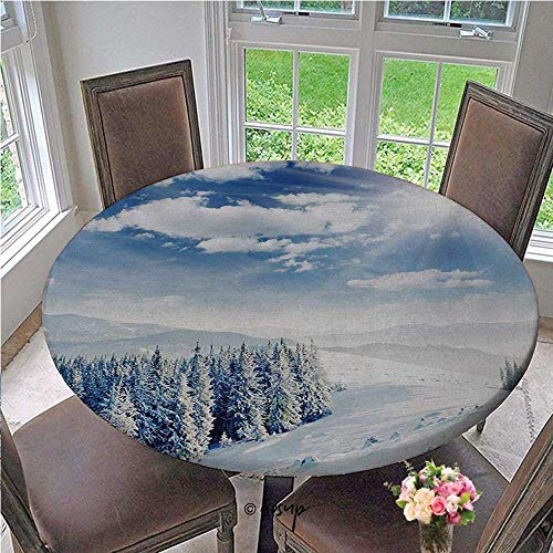 Round Elastic Table Cloth Idyllic Snow Covered Mountain Forest Frozen Icy Highland Nordic Peaks Scenery Fitted Elastic Edged Table Cover No Fabric Draping Down for Puppy to Grab Diameter - 31 Inch
