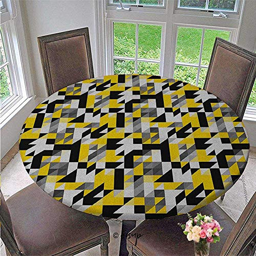 Elasticized Tablecloth Geometric Design with Triangles Squares and Houndstooh Inspiration Polyester tablecothes No Fabric Draping Down for Puppy to Grab Yellow Grey Black Diameter - 31 Inch