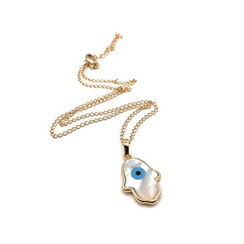Hamsa Hand Evil Eye Necklace Mother of Pearl Pendant For Women 18k Gold Plated Chain