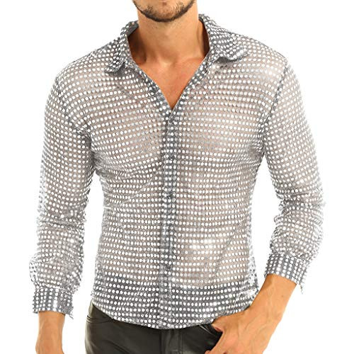 YiZYiF Mens Dress Shirt Shiny Sequins Long Sleeve Button Down 70s Disco Shirt Party Costume Silver Medium
