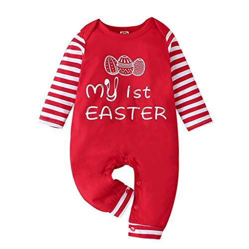 Shan-S Newborn Infant Toddler Jumpsuit Baby Girls Boys My 1st Easter Outfit Long Sleeve Striped Eggs Letter Print Romper Bodysuit Clothes