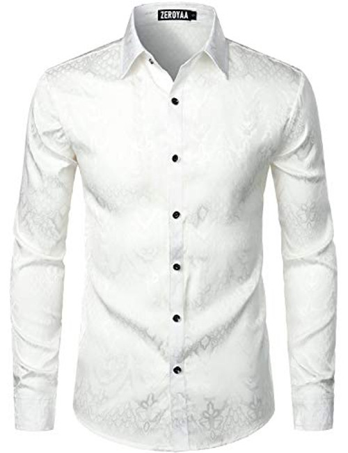 ZEROYAA Mens Hipster Design Slim Fit Long Sleeve Jacquard Button Up Dress Shirts for Party Prom ZLCL32-Ivory White XX-Large