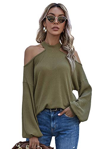 Romwe Womens Waffle Knit Tunic Tops Cold Shoulder Long Sleeve Loose Blouse Shirts Army Green S