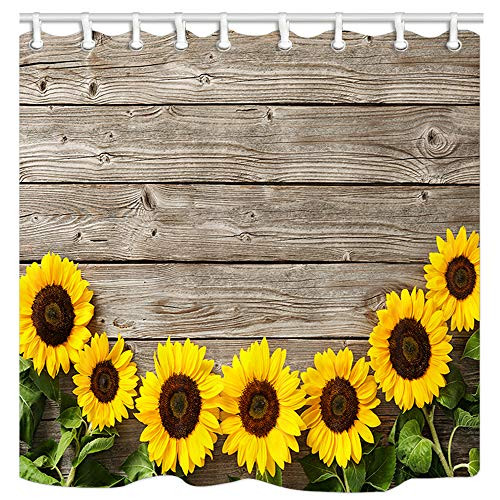 JAWO Spring Flower Shower Curtain, Sunflower on Rustic Wooden Plank Fabric Bathroom Curtain and Hooks, Waterproof 69x70Inches JAWO Spring Flower Shower Curtain, Sunflower on Rustic Wooden Plank Fabric Bathroom Curtain and Hooks, Waterproof 69x70Inches