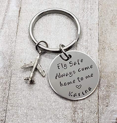 Fly Safe Key Chain with Airplane Always Come Home to Me Handstamp Pilot Gift Captain Be Safe Gift