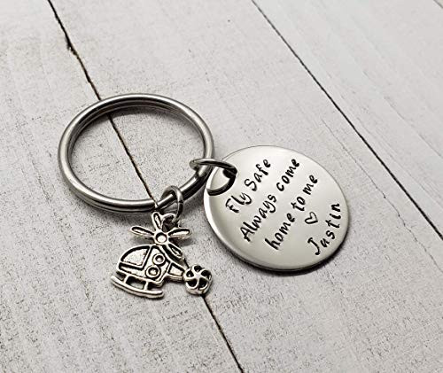 Fly Safe Keychain with Helicopter Always Come Home to Me Keychain Handstamp Come Home Safe Pilot Gift Captain Be Safe Gift Police Officer Gift